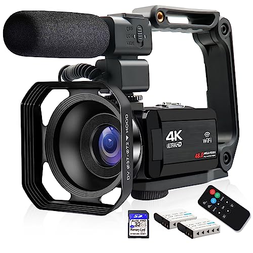 4K Video Camera Camcorder, lovpo 48MP UHD IR Night Vision WiFi Vlogging Camera for YouTube, 18X Zoom 3' Touch Screen Digital Camera Recorder with SD card, Mic,Stabilizer,Lens Hood, Remote, 2 Batteries