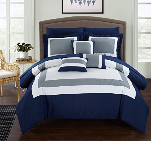 Chic Home Duke 10 Piece Comforter Set Complete Bed in a Bag Pieced Color Block Patterned Bedding with Sheet Set and Decorative Pillows Shams Included, Queen Navy