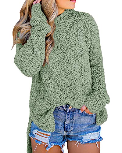 Imily Bela Womens Fuzzy Knitted Sweater Sherpa Fleece Side Slit Full Sleeve Jumper Outwears Green