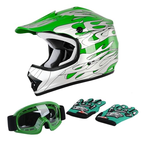 TCT-MOTORPARTS DOT Youth Kids Motocross ATV Helmets Offroad Street Dirt Bike Go-Kart BMX MX Full Face Helmet Green Flame Medium Size