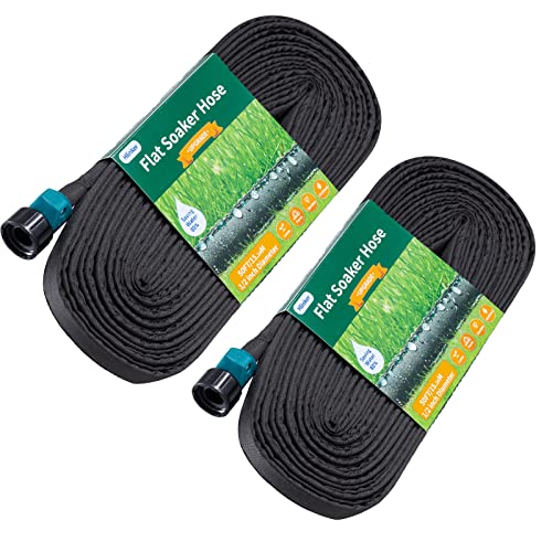 Hlinker Flat Soaker Hose 50 100 FT for Garden Beds, 100Ft 1/2' Linkable Consistent Drip Irrigation Hose Save 80% Water, Leakproof Heavy Duty Double Layer Sprinkler Hose