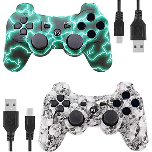 Kolopc Wireless Controller Compatible For PS3 Console, Double Vibration, 6-Axis Gyro Sensor, Upgraded Joystick Motion Gamepad with Charging Cable (GreenFlash and WhiteSkull)