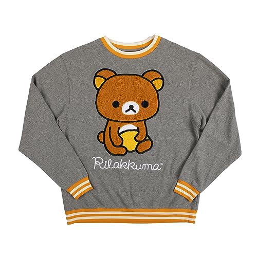 Bioworld Rilakkuma Sitting With Logo Chenille Applique Heather Gray Crew Neck Adult Sweatshirt