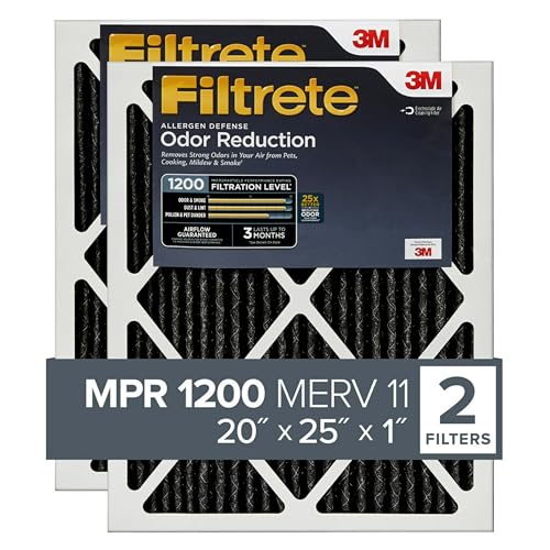 Filtrete 20x25x1 Air Filter, MPR 1200, MERV 11, Allergen Defense Odor Reduction 3-Month Pleated 1-Inch Air Filters, 2 Filters, Black