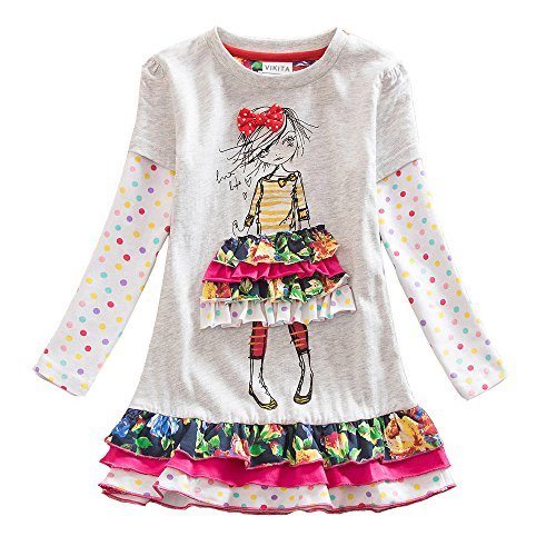 VIKITA Toddler Girls Dresses Winter Girl Clothes Long Sleeve Gray Dress Xmas Gift for Kids 2-8 Years LH3660, 4T