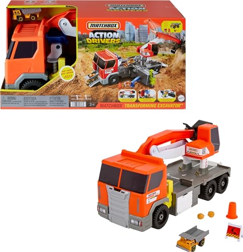 Matchbox Cars Playset, Action Drivers Transforming Excavator, Large Toy Truck, 1:64 Scale Construction Vehicle & 4 Accessories
