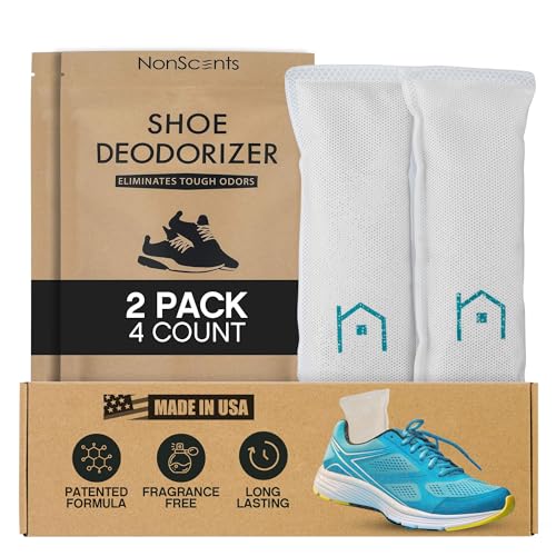 NonScents Shoe Deodorizer 2-Pack (4 Count) - Odor Eliminator, Air Freshener, Smell Absorber, Scent Remover for Shoes, Gym Bags, Soccer Cleats, Closets, Pet Area, Reusable - Shoe Deodorant