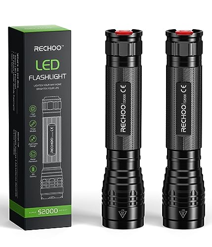 RECHOO Flashlights High Lumens 2 Pack, Super Bright 2000 Lumens Flash Light with 3 Modes, Zoomable, Water Resistant Led Flashlights for Home, Emergency, Camping, Hiking