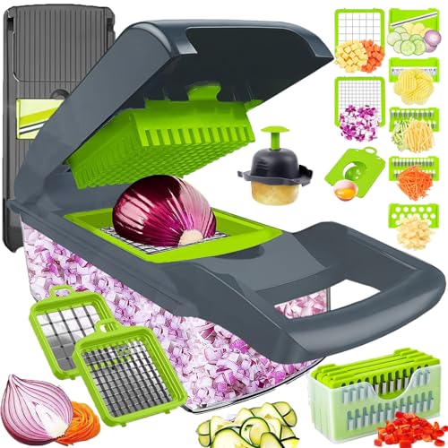 Pro-Series 16-in-1 Vegetable Chopper w/Container, Cheese Grater Hand Crank, Box Mandoline Slicer Food Cutter Shredder Mandolin for Veggie Onion Salad Fruit Potato (Kitchen Gadget & Essential)