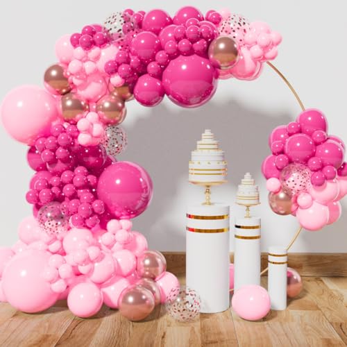 142 Pcs Pink Balloon Arch Garland Kit, Hot Pink Balloon Garland Kit Metallic Rose Gold Confetti Balloons for Birthday Wedding Party Decorations.