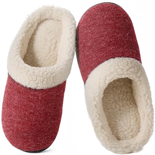 Wishcotton Women's Lamb-rub Sherpa House Slippers Memory Foam Indoor Outdoor, Wine, 6.5-7.5 US