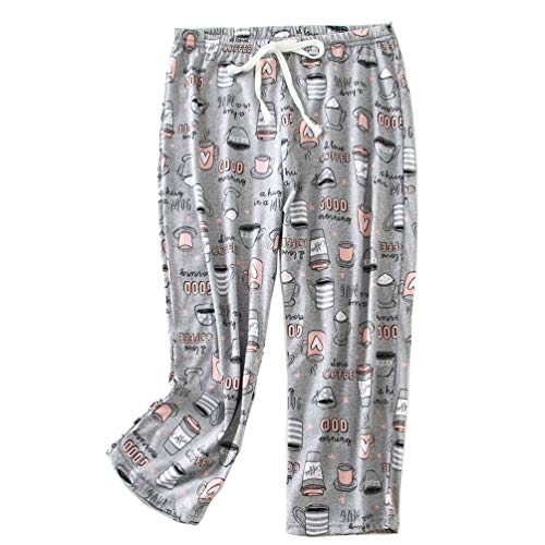 ENJOYNIGHT Women's Capri Pajama Pants Lounge Causal Bottoms Print Sleep Pants (Medium, Coffee cup)