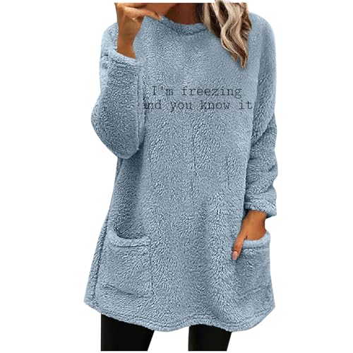 ZCVBOCZ Winter Shirts For Women Casual Round Neck Pullover Trendy Thick Warm Long Sleeve Tops Fuzzy Letter Print Sweatshirts
