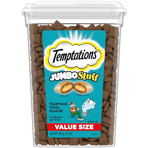 TEMPTATIONS Jumbo Stuff Crunchy and Soft Cat Treats, Tempting Tuna Flavor, 14 oz. Tub
