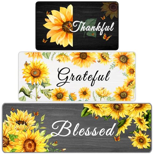 Tinideya 3 Pcs Sunflower Kitchen Rug Set Sunflower Kitchen Decor Rug Non Slip Kitchen Floor Mat Farmhouse Country Kitchen Rugs and Mats Kitchen Decor Accessories, 20 x 32'', 20 x 47'', and 20 x 59''