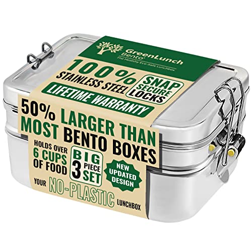 3-in-1 Stainless Steel Bento Box For Adults with Snack Pod - Holds 6 Cups of Food, 100% Crack-Resistant, Secure Locks, Eco-friendly Metal Lunch box Container