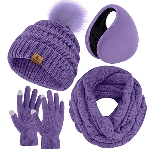 URATOT Winter Warm Sets Knitted Scarf Beanie Pompom Hat Touch Screen Gloves and Winter Ear Warmer Set for Men or Women