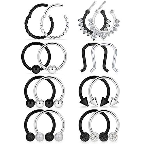 SCERRING 16PCS 16G Stainless Steel Hinged Seamless Septum Hoop Nose Ring Horseshoe Rings Cartilage Daith Tragus Clicker Retainer Body Piercing Jewelry Clear CZ Silver & Black