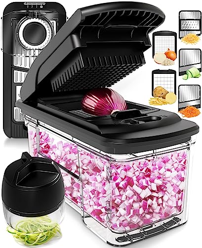 Fullstar All-in-1 Vegetable Chopper, Mandoline Slicer & Cheese Grater - Multi Blade French Fry Cutter & Veggie Dicer - Includes Bonus Handheld Spiralizer & Kitchen Gadgets (5 in 1, Black/Silver)