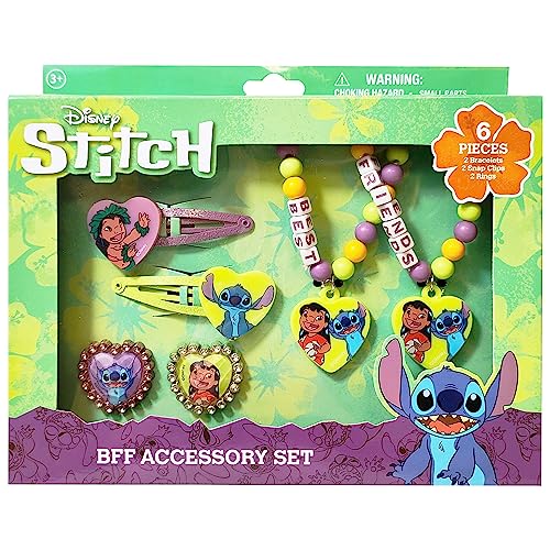 LUV HER Disney Stitch Girls BFF 6 Piece Toy Jewelry Box Set with 2 Rings, 2 Bead Bracelets and Snap Hair Clips Ages 3+