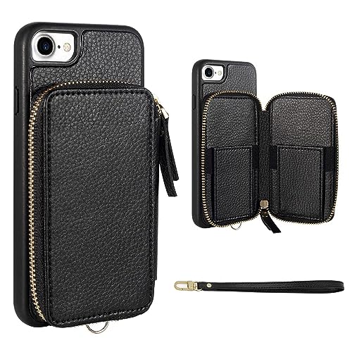 ZVE Case for iPhone SE 2022 5G for iPhone 7, 4.7 inch, Leather Wallet Case with Card Holder Slot Zipper Wallet Pocket Purse Handbag Wrist Strap Protective Cover for iPhone 8/7/SE- Black
