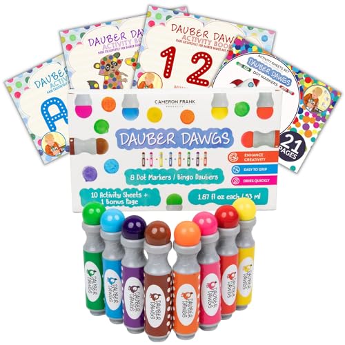Cameron Frank Products Dot Markers for Toddlers 1-3 - Set of 8 Dauber Dawgs Washable Dot Paints with 3 Activity Book PDFs | Dot Daubers for Creative Play and Learning