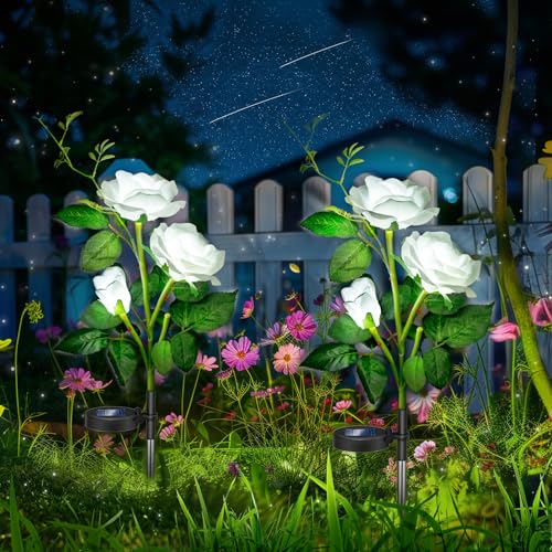 Solar Flowers Lights Outdoor Garden Decor 2 Pack, Waterproof White Rose for Grave Yard Patio Flower Bed Path Cemetery Decorotions Outside, Valentines/Mothers Day Birthday Gifts for Mom Women Grandma