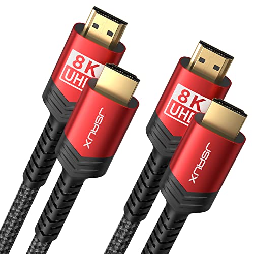 10K 8K HDMI Cable 2.1 2 Pack 6ft, JSAUX 48Gbps Ultra High Speed HDMI Cable Braided Cord, 4K@120Hz, 4K@144Hz, 8K@60Hz, HDCP 2.2&2.3, HDR 10, eARC,ARC Compatible with Dolby PS5 Monitor HDTV Soundbar-Red