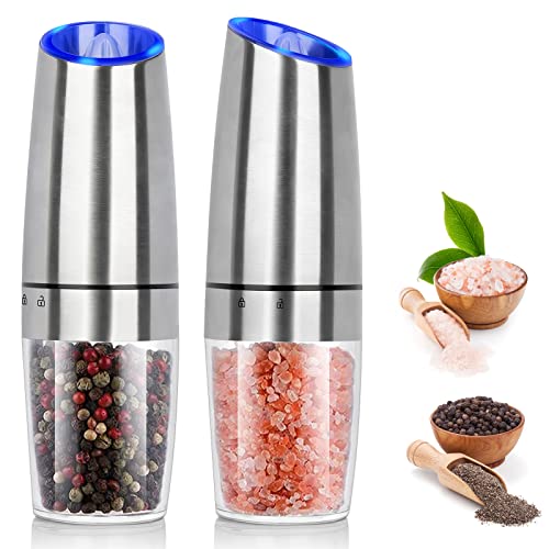 Salt and Pepper Grinder Electric Gravity Grinder, Refillable Automatic One-Hand Operated Mill Set with Adjustable Coarseness LED light, Battery-Operated 2 Pack