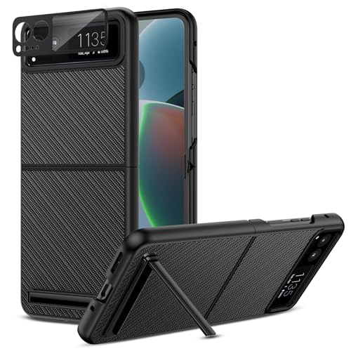 NULETO Case for Motorola Razr 2023 with Kickstand [Not Fit Razr Plus 2023 ], Built-in Screen Protector for Outer Screen, PU Leather Protective Case for Moto Razr 2023, Carbon Fiber Black