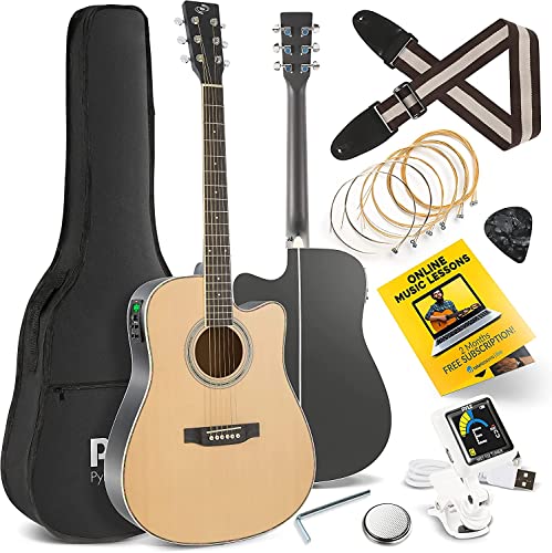 Pyle Acoustic Electric Cutaway Guitar 4/4 Scale 41” Steel String Spruce Wood w/Gig Bag, 4-Band EQ, Clip On and Onboard Tuner, Picks, Shoulder Strap for Beginners and Students