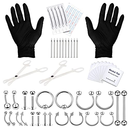 BodyJ4You 36PC Body Piercing Kit - 14G 16G Surgical Steel - Nose Tongue Lip Ear Eyebrow Belly Button Cartilage Tragus Industrial - Jewelry Needles Tools Clamps - Unisex Male Female