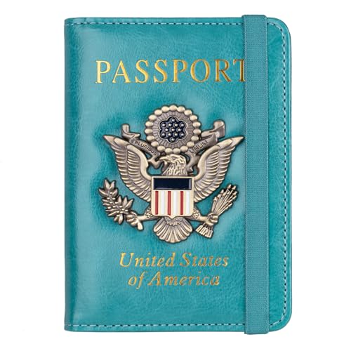 TOURSUIT RFID Blocking Passport Holder for Women Men, Leather Passport Travel Wallet with Metal 3D Metal Badge, Travel Document Holder Cover Accessories (Light Blue)