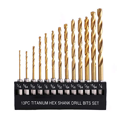 COMOWARE Titanium Twist Drill Bit Set - 13 Pcs Hex Shank High Speed Steel for Wood Plastic Aluminum Alloy, Quick Change, 1/16'-1/4'