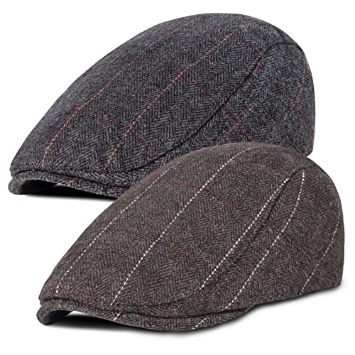 Senker 2 Pack Men's Classic Herringbone Tweed Wool Blend Flat Cap Ivy Gatsby Newsboy Cabbie Driving Hat,C-black/Brown,One Size
