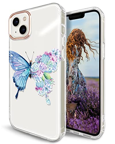 JAHOLAN Clear Case Compatible with iPhone 14 Glitter Plating Butterfly Flower Design Protective Shockproof Slim TPU Hard Back Cover Phone Case for Girls Women Puple Blue