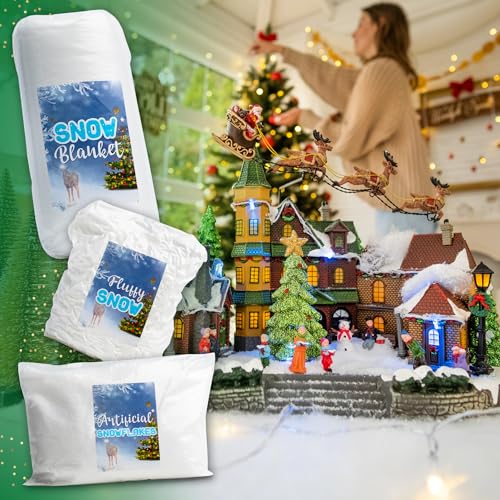 Christmas Fake Snow Kit (3-Piece Set) Incl. Snow Blanket Roll 3 x 8 Foot, Cotton-Like Fluffy Snow, Artificial Snowflakes | Decorations for a Christmas Village and Christmas Tree (Nieve Artificial)
