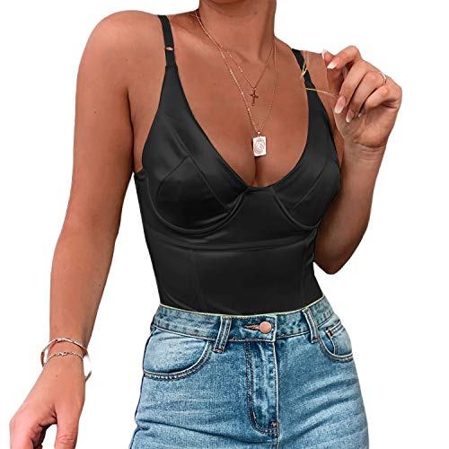 Velius Women's Sexy Deep V Neck Shiny Thong Bodysuit Tank Tops with Underwire (Black, Medium)