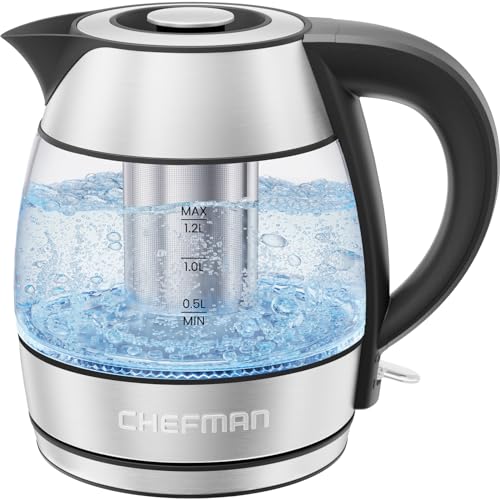 CHEFMAN Electric Kettle - 1.2L 1500W Hot Water Tea Pot with Tea Infuser, BPA Free, Auto Shut Off, Boil-Dry Protection, Removable Lid, LED Light, Cordless Glass Electric Tea Kettle – Stainless Steel