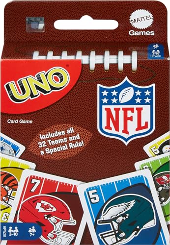 Mattel Games UNO NFL Card Game in Storage & Travel Tin for Kids, Adults & Family Night, Features Logos of All 32 NFL Teams & Special Rule