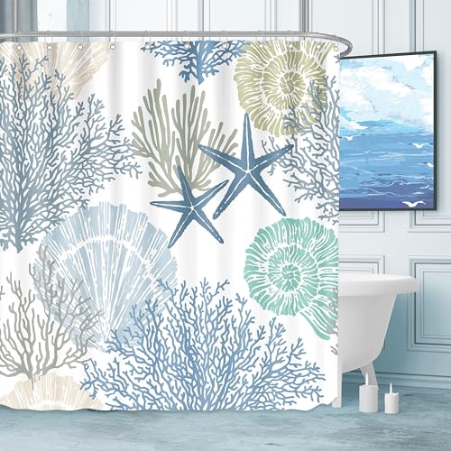 Tritard Nautical Coastal Waterproof Fabric Shower Curtain Starfish Seashell Coral Beach Themed Bath Curtain Ocean Shower Curtains for Bathroom with 12 Hooks, 72x72, Blue