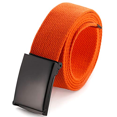 Cut To Fit Canvas Web Belt Size Up to 52' with Flip-Top Solid Black Military Buckle (Orange)