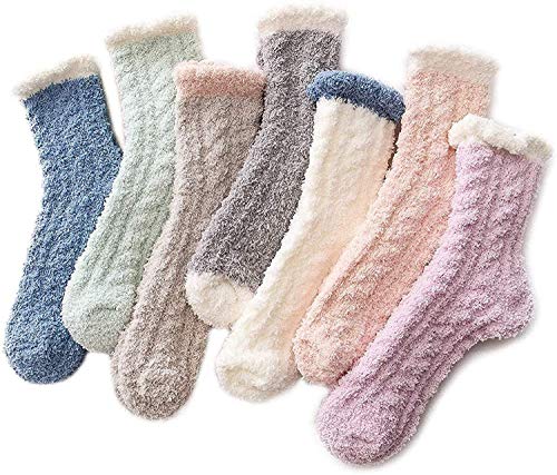 Azue Fuzzy Warm Slipper Socks Women Super Soft Microfiber Cozy Sleeping Socks 6 or 5 Pairs ((01) 7 Pairs Patchwork)
