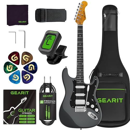GearIT Professional Electric Guitar (Premium Ash Tonewood), GST-200 SoCal Series, 39in Full-Size, HSS Pickups with Coil Split, Round Frets, Genuine Rosewood Fretboard, Accessories - Metallic Gray