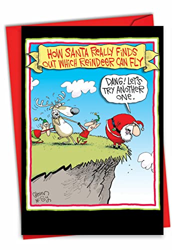NobleWorks - Cartoon Christmas Note Card with Envelope (4.63 x 6.75 Inch) - Funny Joke Comic, Stationery for Xmas Holiday - Reindeer Can Fly 5802