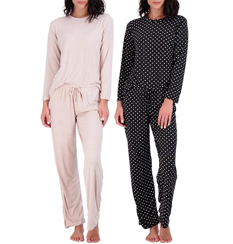 Real Essentials Women’s Pajama Sets Ladies Soft Winter Fall Sleepwear Pajamas Clothes Loungewear Long Sleeve Tops Pants Bottoms Warm Silky Pj Sets, Set 3, Small, Pack of 2