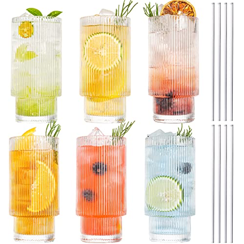 Claplante Drinking Glasses, Origami Style 6 pcs Glass Cups with straw, 11oz Highball Glasses, Elegant Ripple Vintage Glassware, Ribbed Glasses, Iced Coffee Glasses Ideal for Cocktail Whiskey, Juice