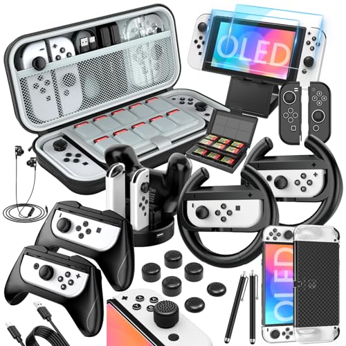 Switch OLED Accessories Bundle for Nintendo Switch OLED Upgraded 2023 HSTOP, 27 In 1 Accessories Gift for Christmas with OLED Protective Case, OLED Carrying Case, OLED Screen Protector & More, Black