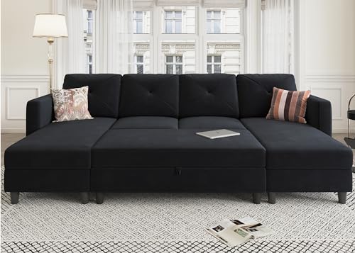 HONBAY Sleeper Sectional Sofa Set Velvet U Shaped Couch with Storage Ottoman 4-Seat Sectional Sofa Set for Living Room, Black