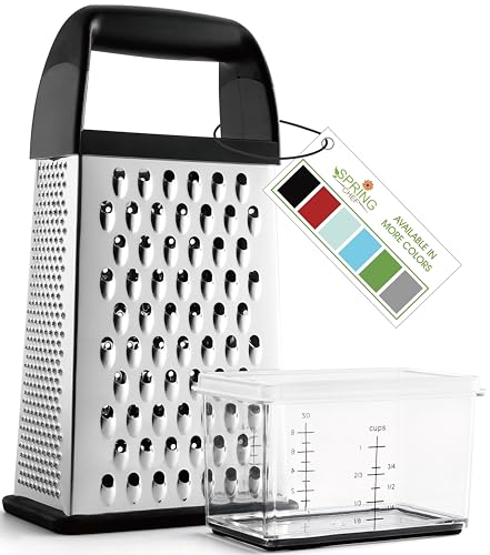 Spring Chef Professional Cheese Grater With Storage Container, Stainless Steel & Soft Grip Handle, 4 Sided Handheld Kitchen Food Shredder Best Box Grater for Parmesan, Vegetables, Ginger, 10' Black